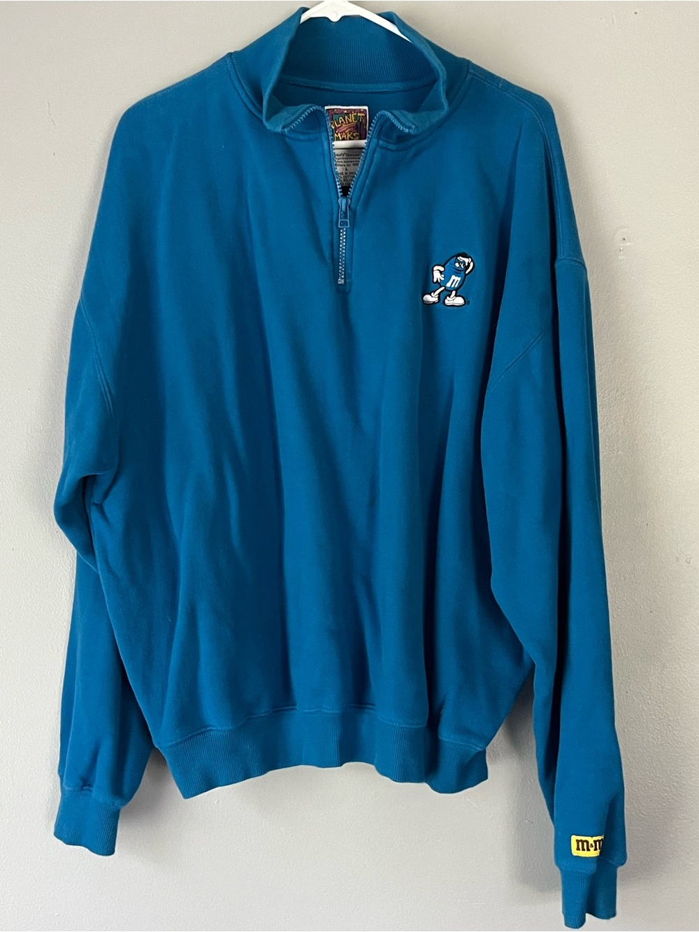 1990s M&M'S Teal Blue Quarter-Zip Sweater with Embroidered Character
